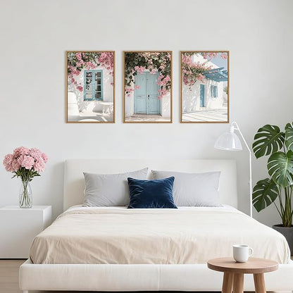 HOURIA Modern Greek Island Cityscape Framed Canvas Wall Art Set,European White House Blue Door Shutter Landscape Wall Decor,Santorini Natural Pink Flower Artwork for Living Room, Bedroom-16 x24 x3