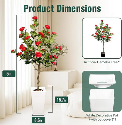 Artificial Camellia Tree 5FT, Red Flower Tree in White Pot, Faux Outdoor Indoor Plant, Christmas,Potted Artificial Flower for Home Office Housewarming Porch Decor (61'' Height)