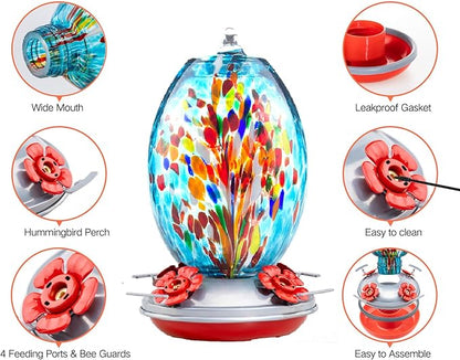 Muse Garden Glass Humming Bird Feeders for Outdoors - 27OZ Blown Glass Hummingbird Feeder - Unique Gift for Mom Women, Outdoors Hanging Garden Decor, Includes Ant Moat & Brush, Blue Fireworks