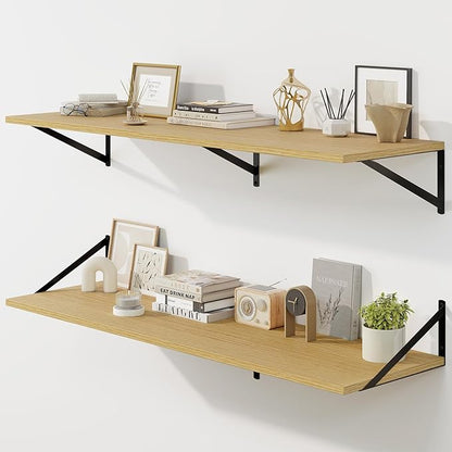 Fun Memories Floating Shelves for Wall, 12 Inch Deep Floating Shelves Set of 2, 48W x 12D Large Wall Shelf with Sturdy Metal Brackets for Living Room, Bathroom, Bedroom and Kitchen, Oak