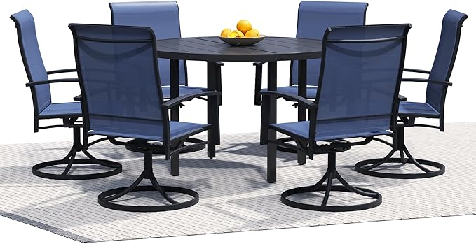 7 Piece Outdoor Dining Set, 47" Black Round Outdoor Dining Table with 6 Blue Swivel Patio Table and Chair Set of 6 for Lawn, Garden, or Porch