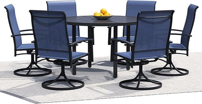7 Piece Outdoor Dining Set, 47" Black Round Outdoor Dining Table with 6 Blue Swivel Patio Table and Chair Set of 6 for Lawn, Garden, or Porch