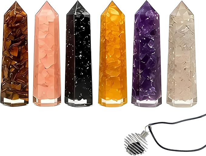 Healing Crystal Wand Set of 6 Orgonite 3.5 Inch Gemstone Towers – Amethyst, Rose Quartz, Citrine, Clear Quartz, Tiger Eye, Black Tourmaline Necklace ChristmasGift Set