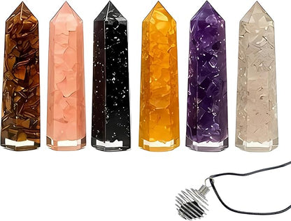 Healing Crystal Wand Set of 6 Orgonite 3.5 Inch Gemstone Towers – Amethyst, Rose Quartz, Citrine, Clear Quartz, Tiger Eye, Black Tourmaline Necklace ChristmasGift Set
