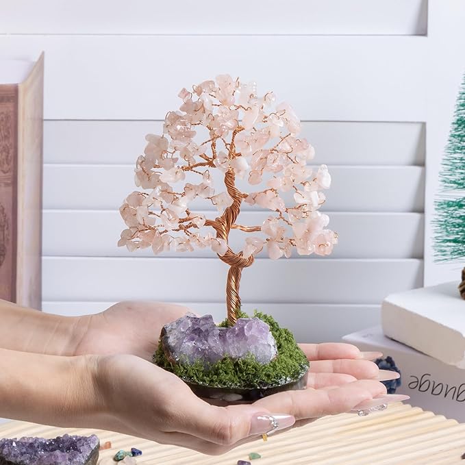 Dreamocean Rose Quartz Crystal Tree of Life Natrual Amethyst Cluster Geode Crystal Money Gemstone Bonsai Tree for Positive Energy, Money, Good Luck Pink Gifts for Women（Pink）