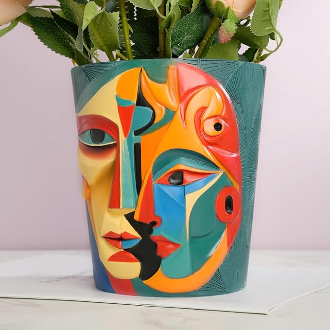 Abstract Face Planter Pot Unique Two-Sided face Flower Pot Rainbow Head Planter with Drainage for Indoor & Outdoor Plants Colorful Pots for Home Art Decor