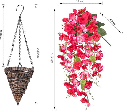 HyeFlora Artificial Fake Hanging Hibiscus Flower Baskets for Outdoor Decoration, Faux Silk Hibiscus Long Vines in Planter UV Resistant Realistic Flowers for Outside Porch Patio Home Decor, RedPink