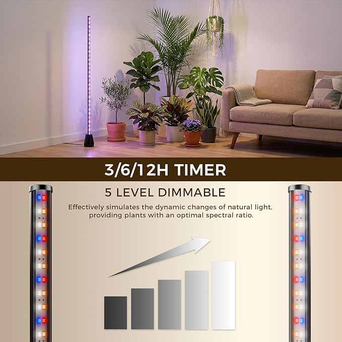 Standing Grow Light with Timer 2PC, 192 LEDs, 65 Inch Full Spectrum Vertical Plant Lamp for Indoor, 3 Light Modes, 5 Level Dimmable Floor Grow Light, Mimic Sunlight for Greenhouse/Garden