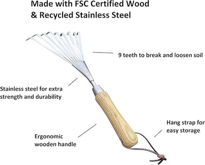Garden Guru Eco Hand Rake Soil Tiller- 100% Recycled Stainless Steel - Rust Resistant - FSC Certified Wood Ergonomic Handle - Great for Gardening Cultivating Loosening Soil & Spreading Mulch (2 Pack)
