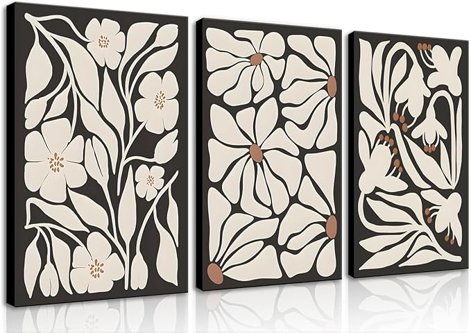 QGNBGBJ Framed Black Boho Flowers Plant Wall Art Abstract Botanical Flower Canvas Poster Vintage Bohemian Neutral Floral Prints Wall Decor Trendy Black Beige Floral Set for Girl Bedroom(16x24in)