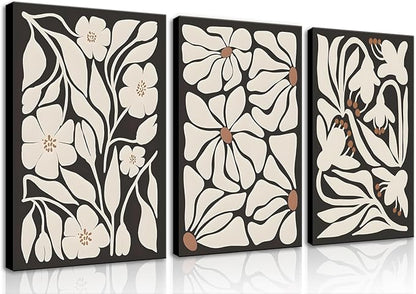 QGNBGBJ Framed Black Boho Flowers Plant Wall Art Abstract Botanical Flower Canvas Poster Vintage Bohemian Neutral Floral Prints Wall Decor Trendy Black Beige Floral Set for Girl Bedroom(12x16in)