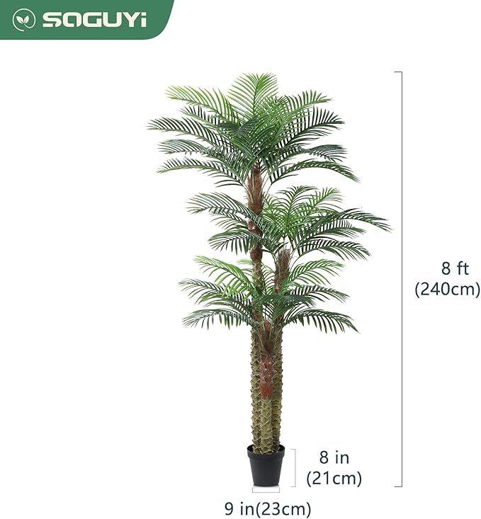 Artificial Palm Tree for Outdoor 8ft Tall UV Resistant Fake Tropical Golden Cane Palm Tree Large Faux Palm Plants for Outside Patio, Poolside, Lawn, Porch and Home Office Indoor Decor, Set of 1