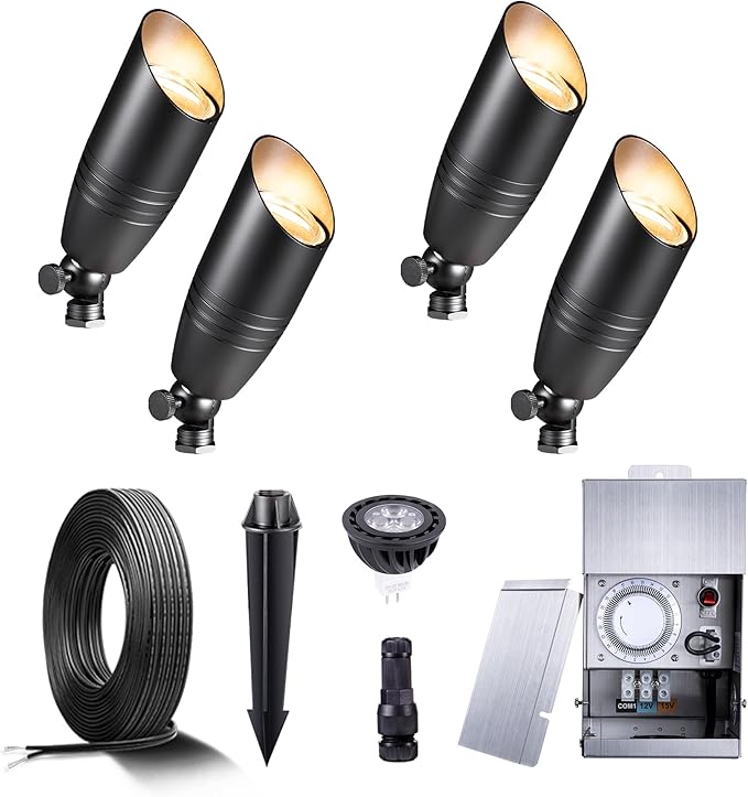 Gardenreet Black Brass Landscape Lighting Kit (4-Pack LED Spotlights) with Low Voltage Transformer 75W and Mechanical Timer and 100FT Cable and 20Pack Wire Connectors for Outdoor Garden Patio