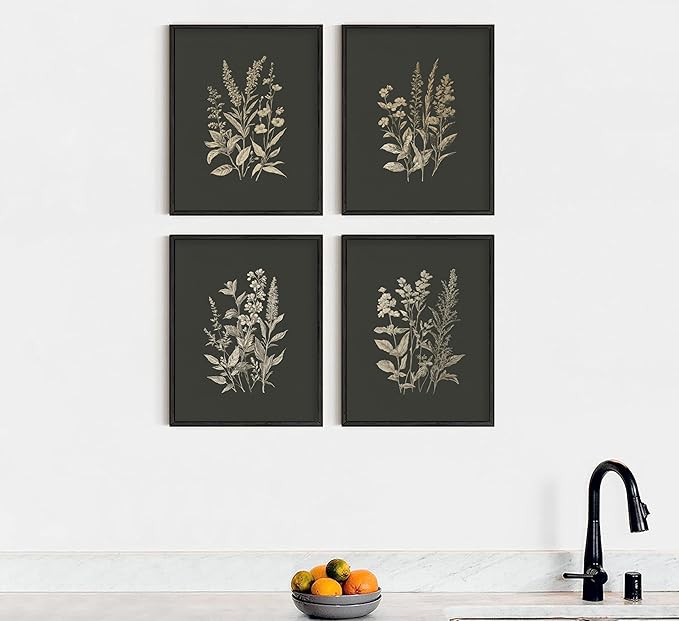 4Pcs Vintage Flowers And Plants Wall Art Dark Green Flower Painting Picture Flower Bouquet Wall Decor Minimalism Flowers Poster Print Artwork for Living Room Bedroom Home Decoration,Unframed