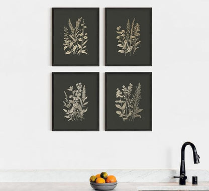 4Pcs Vintage Flowers And Plants Wall Art Dark Green Flower Painting Picture Flower Bouquet Wall Decor Minimalism Flowers Poster Print Artwork for Living Room Bedroom Home Decoration,Unframed