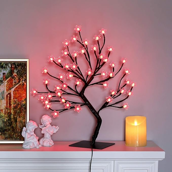 2pcs 48 LED Artificial Lighted Cherry Blossom Tree - Cherry Blossom Bonsai Tree 16 Color-Changing Metal Base Night Lights for Christmas Wedding Party