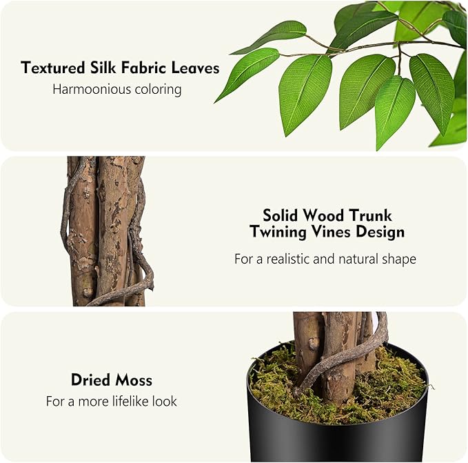 6.2ft Ficus Artificial Trees with 3 Natural Curved Trunks, 74" Tall Lush Faux Tree for Home Decor Indoor, Green Lifelike Fake Ficus Tree Artificial Plants