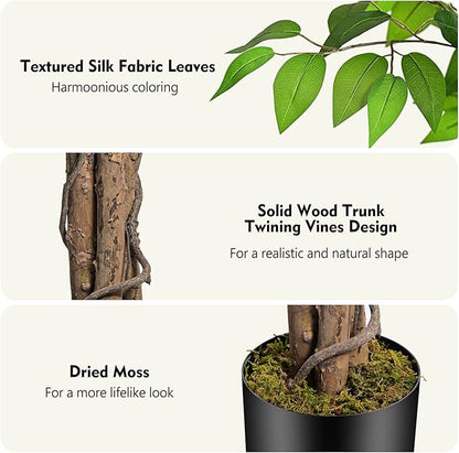 6.2ft Ficus Artificial Trees with 3 Natural Curved Trunks, 74" Tall Lush Faux Tree for Home Decor Indoor, Green Lifelike Fake Ficus Tree Artificial Plants