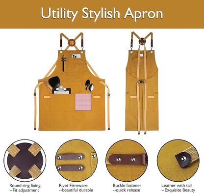 5 Pack Kitchen Aprons, Work Apron, Canvas, Multiple Pockets, Gardening, Painting, BBQ, Artist, Carpenter, Sizes M to XXL, Khaki
