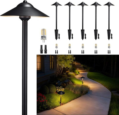 Gardenreet Brass Low Voltage Pathway Lights (9" Shade, 23.5" Tall) - Black 12V Path Light Waterproof, Wired Outdoor LED Landscape Area Lighting for Garden Walkway with 3W 270LM 3000K G4 Bulb (6 Pack)