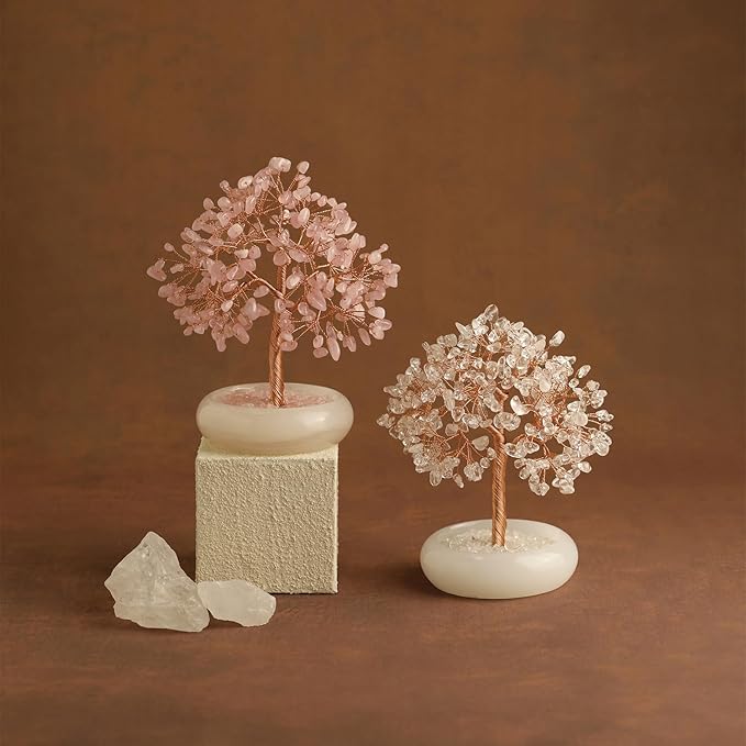 Rose Quartz Crystal Trees of Life for Home Office Desk Deco, Bonsai Tree, Chakra Healing Crystals Stones for Money Good Luck Pink Stone Crystals Birthday Gifts for Women