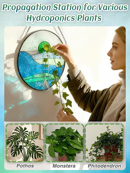 Stained Glass Propagation Stations - Sunshine Catcher Window Hanging Plant Holder, Terrariums Wall Decor for Women Mom Plant Lovers Christmas Gardening Gifts, Green