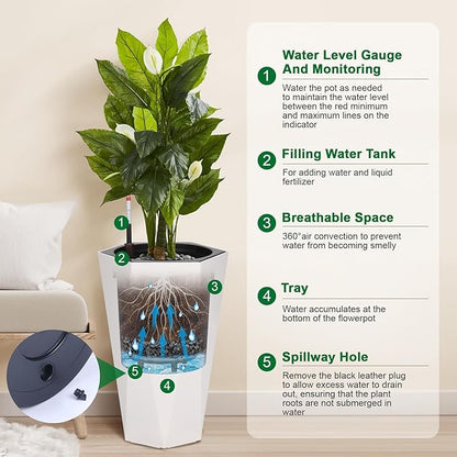 22.4 Inch Tall Planters for Outdoor Indoor Plants Set of 2, Tapered Large Flower Pots with 2 Trays and a Water Level Monitor with Wheels Planter Pots, Plant Pot for Patio, Balcony, Lounge