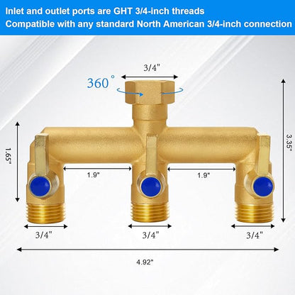Brass Garden Hose Splitter, 3 Way Hose Splitter, Outdoor Hose Splitter, GHT 3/4 In. Female Inlet And 3 Way 3/4 In, (Increase Flow Style)