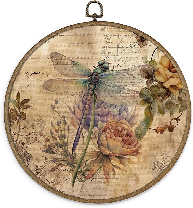 MAQIKA Vintage Dragonfly Flower Framed Wall Art Decor, Retro Botanical Round Wall Hanging Decor, Canvas Prints Wall Art for Farmhouse Bedroom Living Room, 10x10 Inch