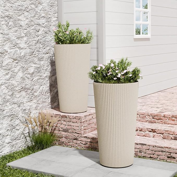 Tall Outdoor Planter Set of 2-23.6" Large Striped Plastic Flower Pots, Decorative Indoor/Outdoor Planters for Porch, Patio, Balcony & Garden, Cream