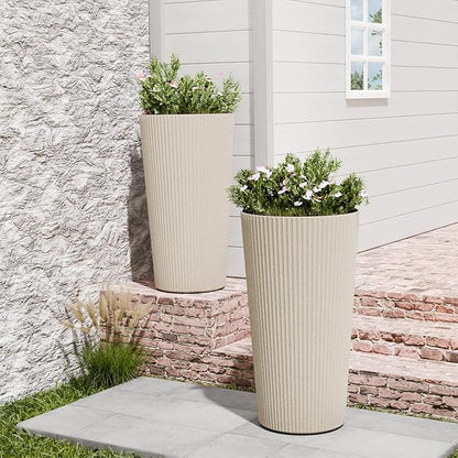 Tall Outdoor Planter Set of 2-23.6" Large Striped Plastic Flower Pots, Decorative Indoor/Outdoor Planters for Porch, Patio, Balcony & Garden, Cream