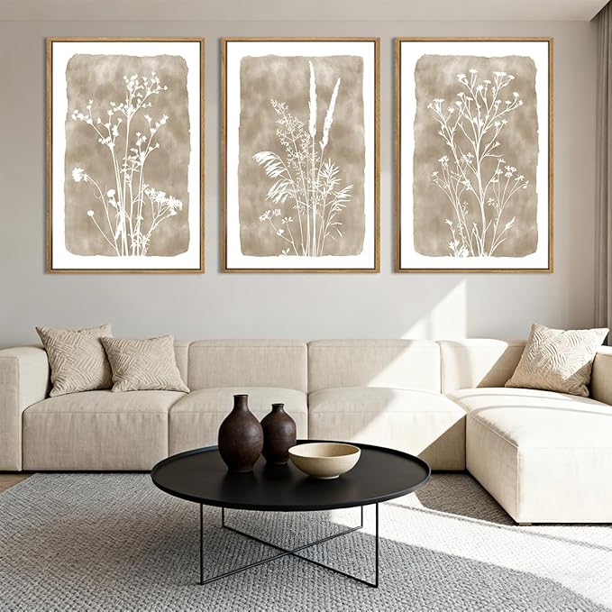 ANHUIB Beige Artwork 16x24 Inch Framed Beige Floral Wall Art Large Neutral Wildflower Wall Decor Vintage Plant Art Prints Set of 3 for Living Room Bedroom Office