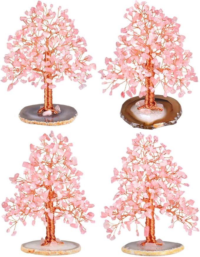 mookaitedecor Natural Rose Quartz Crystal Tree with Agate Slice Geode Base Money Tree Desk Home Decoration for Wealth and Luck 5"-6"