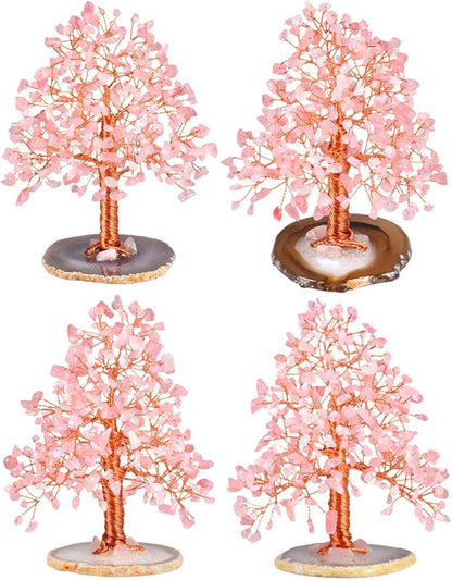 mookaitedecor Natural Rose Quartz Crystal Tree with Agate Slice Geode Base Money Tree Desk Home Decoration for Wealth and Luck 5"-6"