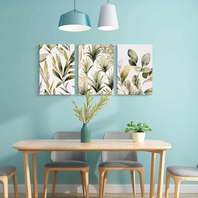 Framed Green Plant Wall Art Boho Picture Floral Canvas Painting Simple Flower Poster Print Bedroom Bathroom Living Room Wall Decor 12x16 inches x3 Ready to Hang