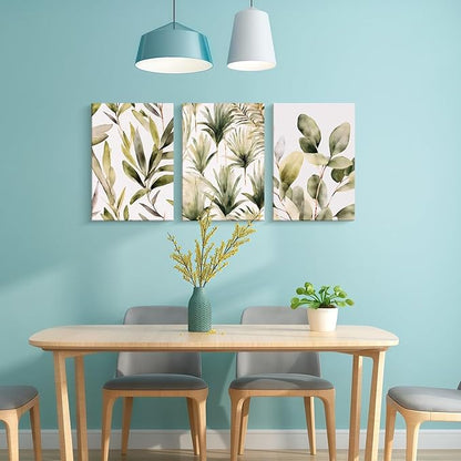 Framed Green Plant Wall Art Boho Picture Floral Canvas Painting Simple Flower Poster Print Bedroom Bathroom Living Room Wall Decor 12x16 inches x3 Ready to Hang