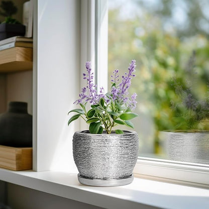 SQOWL Ceramic Plant Pots - 6 Inch Planter for Indoor Outdoor Plants, Modern Round Flower Pots with Drainage Hole and Saucer, Decorative Small Planter, Office Decor, Gifts for Women Men, Silver
