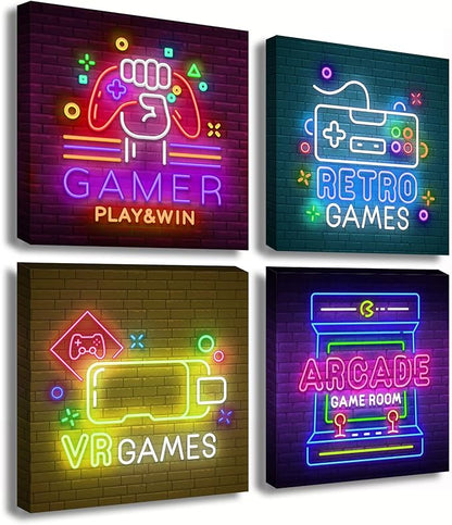 BLINFEIRU Game Room Decor Wall Art Video Gaming Pictures Canvas Prints 4 Piece Cool Pop Gaming Posters for Teen Room Boys Bedroom Framed Ready to Hang 12"x12"x4