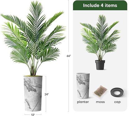 Artificial Tree in Gray Marble Effect Planter, Fake Areca Tropical Palm Silk Tree for Indoor and Outdoor Home Decoration - 66" Overall Tall (Plant Pot Plus Tree)