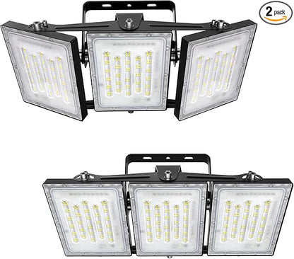 2 Pack LED Flood Lights Outdoor, STASUN 300W 30000lm 6000K Daylight White IP66 Waterproof, Commercial Parking Lot Lights, 3 Heads for Yard Street Stadium Outdoor Area Floodlight Bright Security Lights