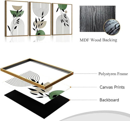 Bwodke Boho Wall Art, Framed Abstract Wall Art, Line Plants Leaf Canvas Wall Decor, Mid Century Sage Green Geometric Pictures Set of 3, Minimalist Paintings, for Bedroom Living Room Bathroom 12"x16"