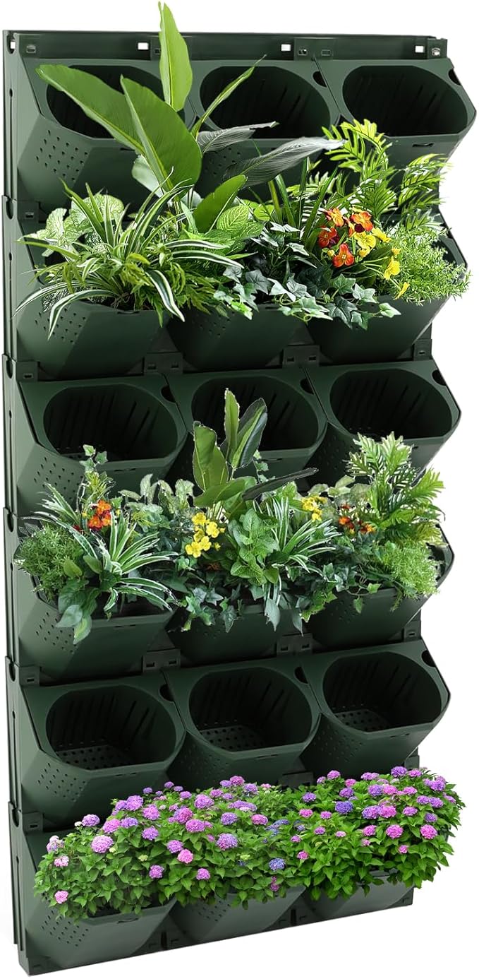 Wall-Mounted Flower Pot Holder for Indoor Outdoor Use on Balcony, Patio, Garden (36-Slot Army Green)