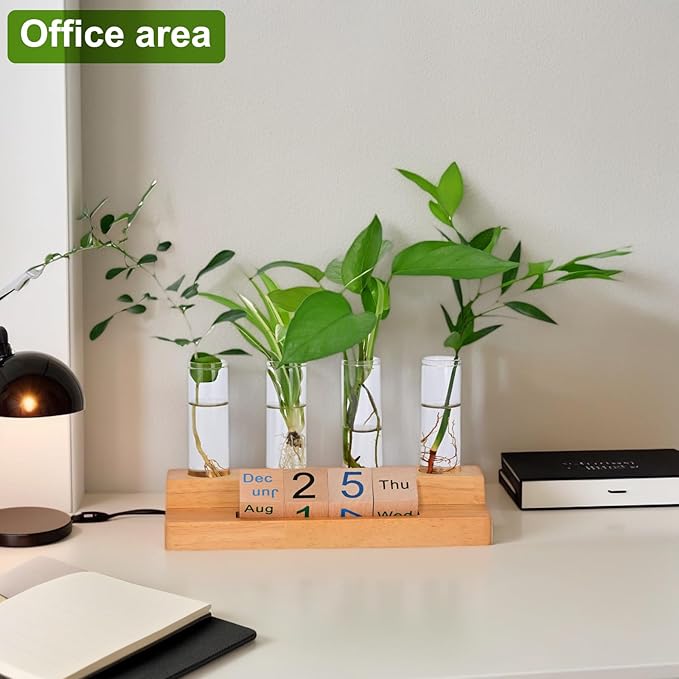 Plant Propagation Station with Block Calendar for Desk, Double-Layer Stand Design, More Stable Placement, Perfect Gardening Gifts for Plant Lovers Women (Dark Wood Color)