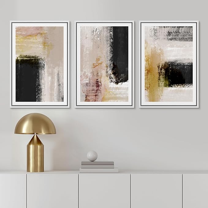 Ashbrook Framed Wall Art Print Set Brown, Black, Yellow Color Block Landscape Abstract Shapes Illustrations Modern Art Boho Scenic Colorful for Living Room, Bedroom, Office - 24"x36"x3 White