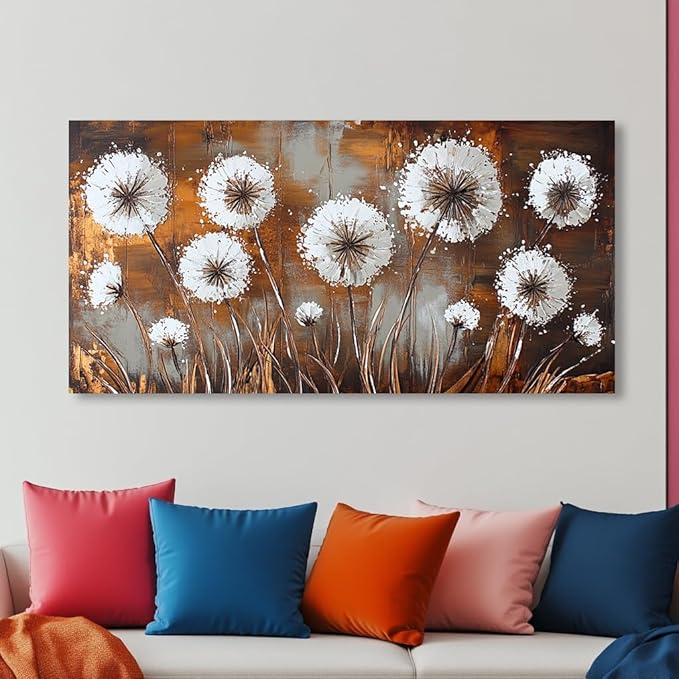 Country Dandelion Wall Art for Living Room Office Rustic Blowball Retro Floral Flower Oil Painting Prints Vintage Abstract Dandelion Flowers Canvas Artwork Farmhouse Bedroom Decor (30x60 Inches)
