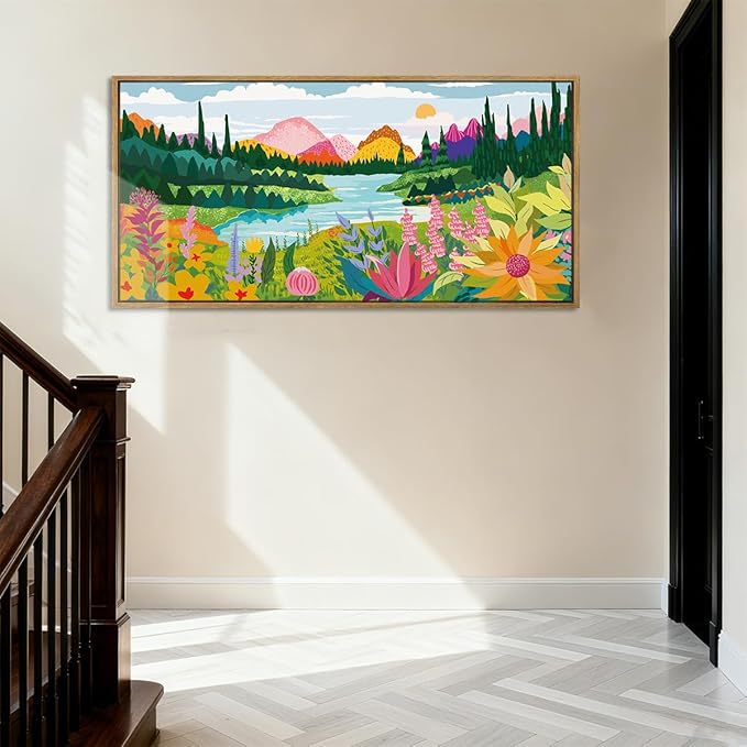 ANHUIB Large Colorful Wall Art 20x40 Inch Framed Abstract Floral Wall Decor Forest Woodland Painting Muticolor Mountain Range Illustration for Living Room Dining Room Bedroom