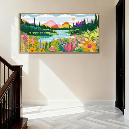 ANHUIB Large Colorful Wall Art 20x40 Inch Framed Abstract Floral Wall Decor Forest Woodland Painting Muticolor Mountain Range Illustration for Living Room Dining Room Bedroom