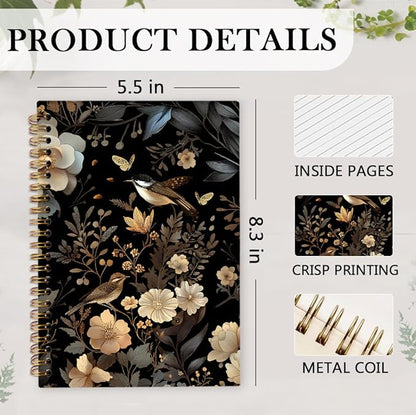 Vintage Botanical Floral Bird Spiral Notebook, Dark Cottagecore Flower Journal Notebook, Retro Wildflower Botanical Journaling Notebooks for Women, Moody Floral Office School Supplies Gifts, 5.5x8.3 In