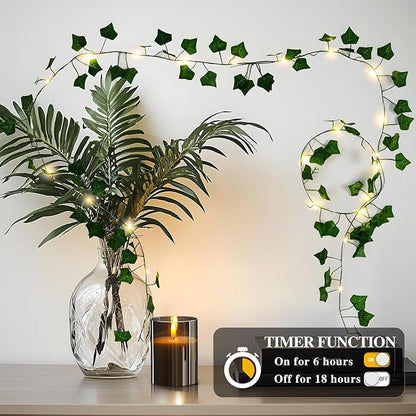 Metaku 33FT 100 LED Vine with Fairy Lights, Battery Operated Ivy String Lights with Remote, Warm White Leaf Lights for Bedroom, Room, Wall, Wedding, Garden, PartyDecor