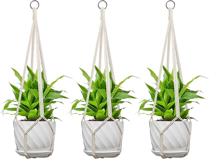 3 Pack Macrame Plant Hanger, Fits 4-13 Inch Pots, Boho Hanging Plant Holder for Indoor Outdoor, 35 Inch, White